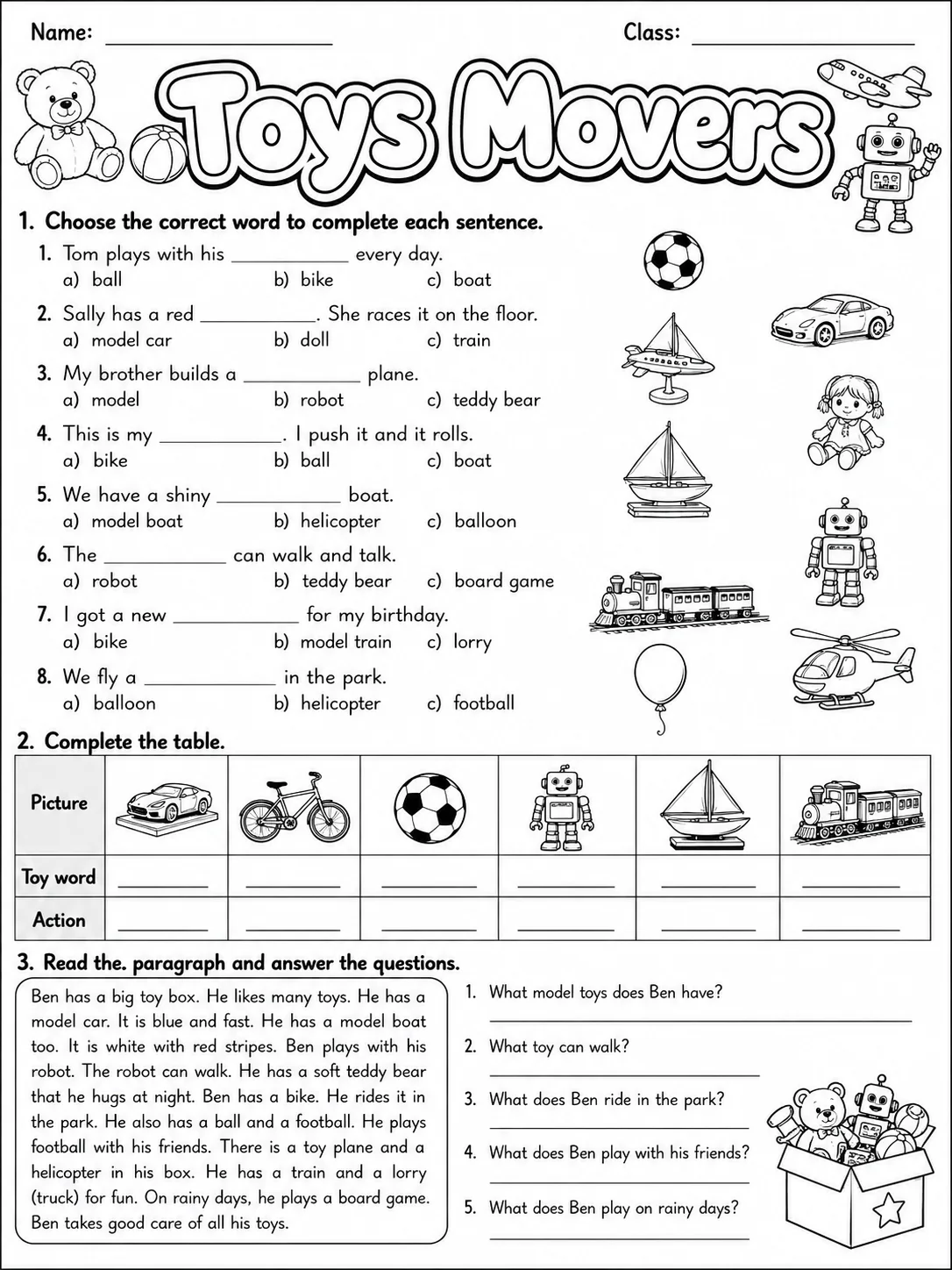 Toys Movers Vocabulary Worksheet Pack page 4 printable worksheet preview
