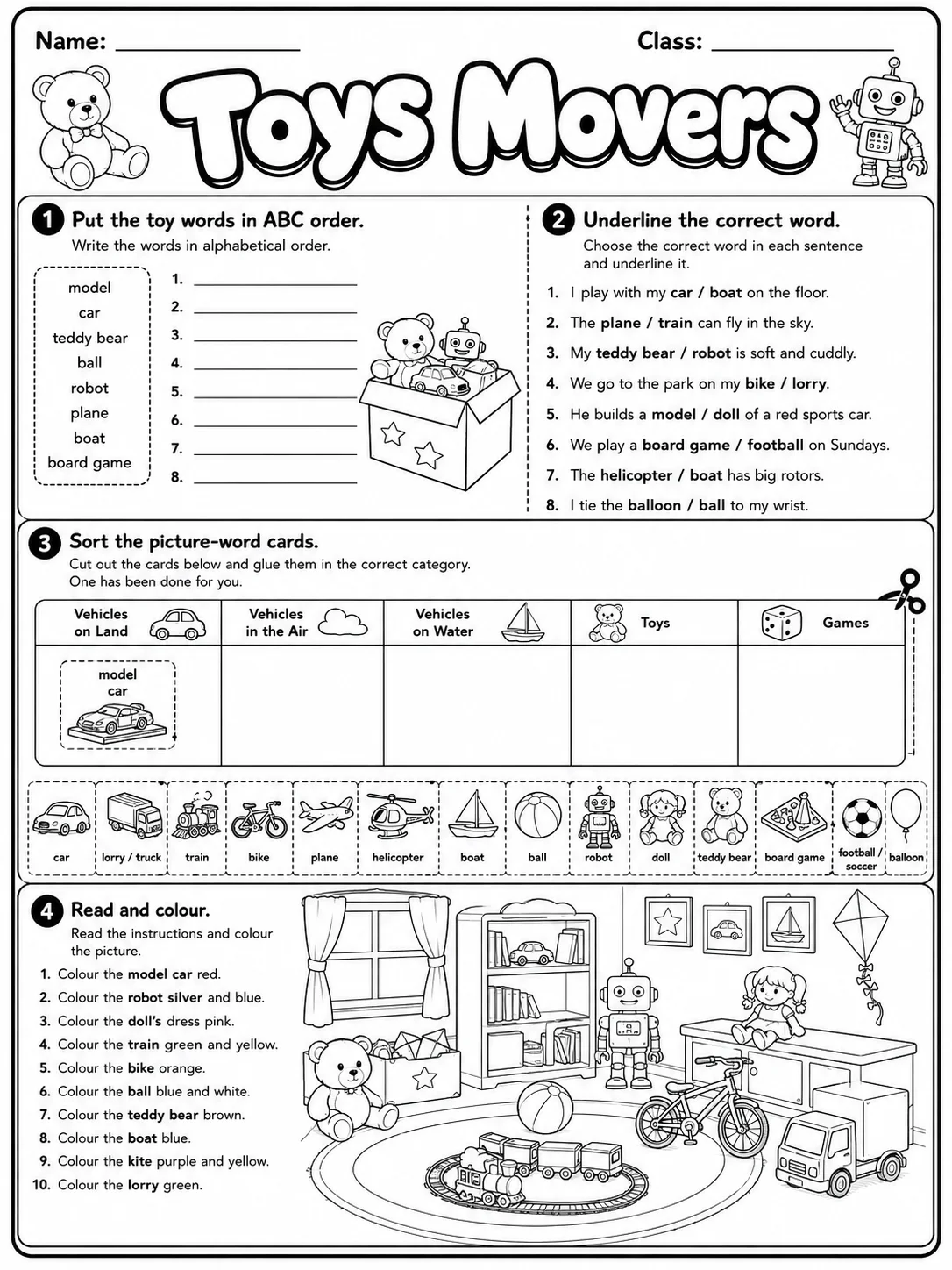 Toys Movers Vocabulary Worksheet Pack page 6 printable worksheet preview
