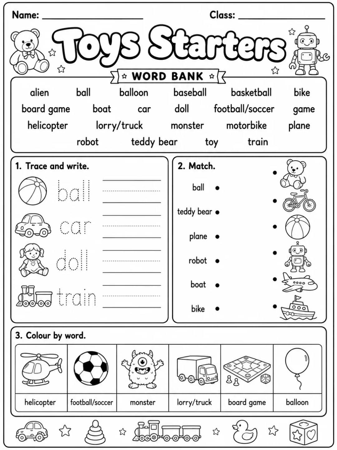 Toys Starters Vocabulary Worksheet Pack printable Starters English worksheet pack preview from KiwiBee