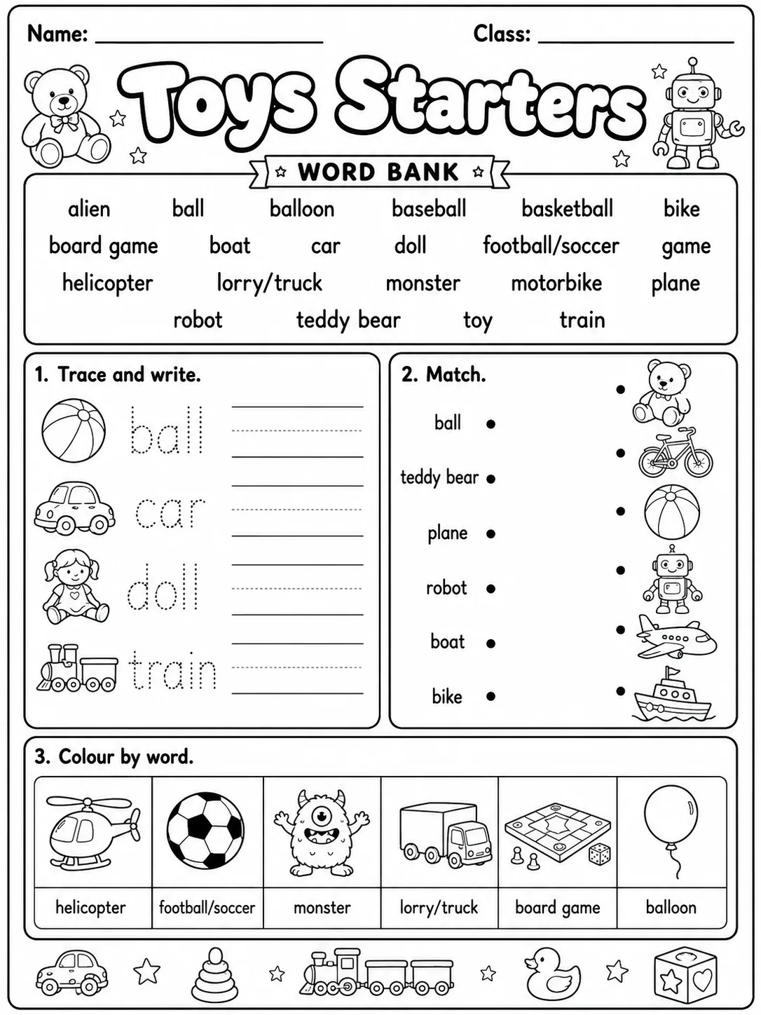 Toys Starters Vocabulary Worksheet Pack printable Starters English worksheet bundle preview from KiwiBee