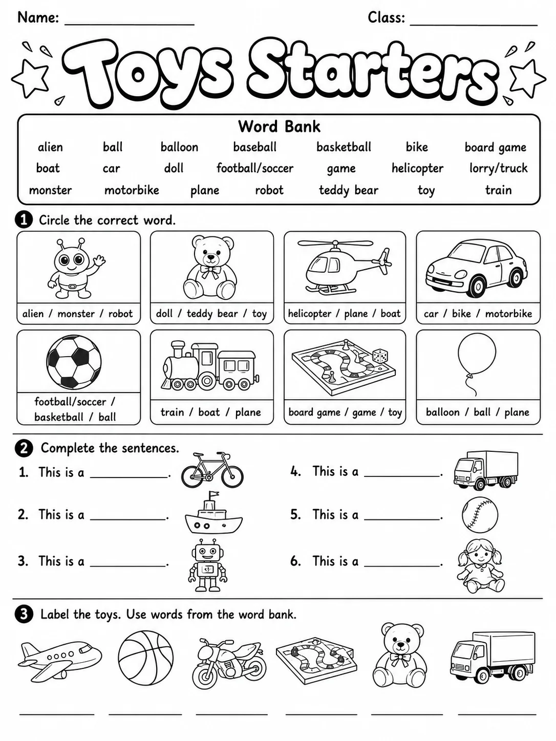 Toys Starters Vocabulary Worksheet Pack page 2 printable worksheet preview