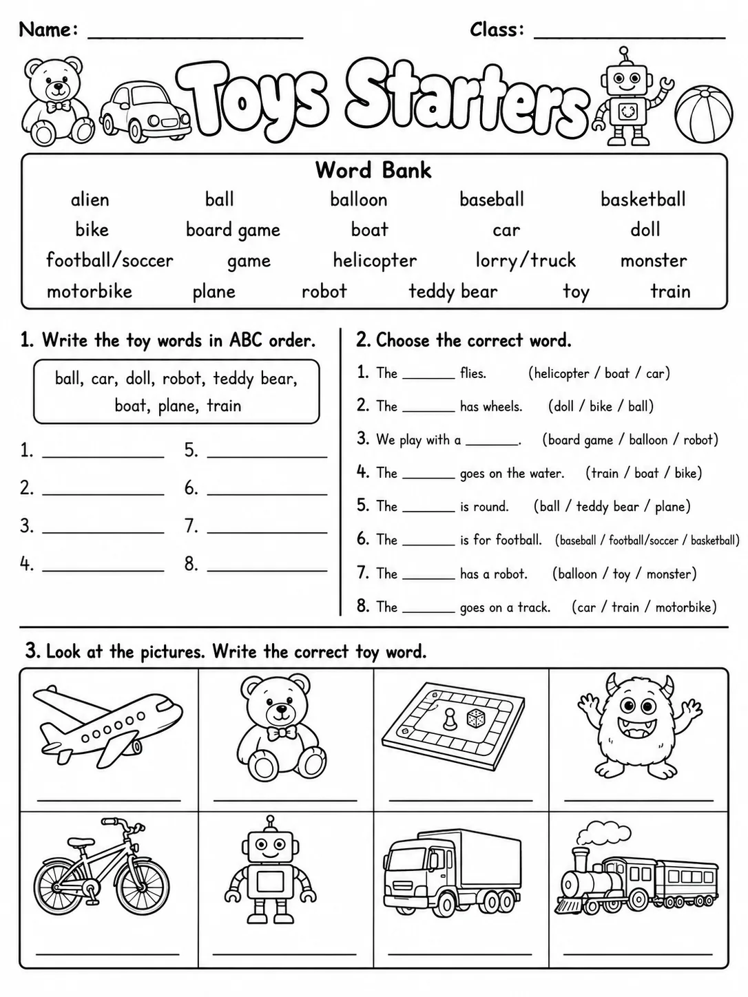 Toys Starters Vocabulary Worksheet Pack page 4 printable worksheet preview