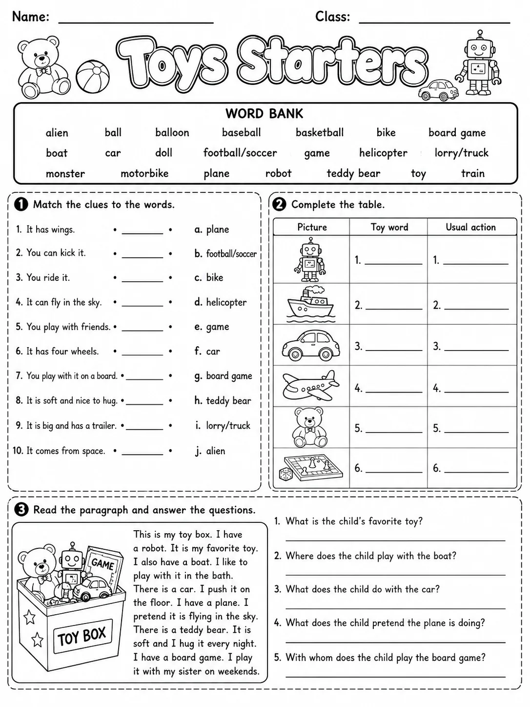 Toys Starters Vocabulary Worksheet Pack page 5 printable worksheet preview