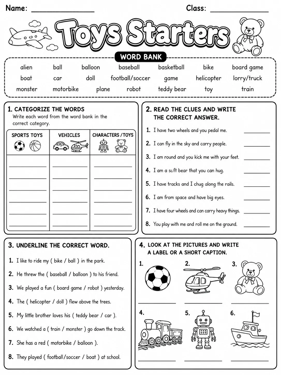 Toys Starters Vocabulary Worksheet Pack page 7 printable worksheet preview