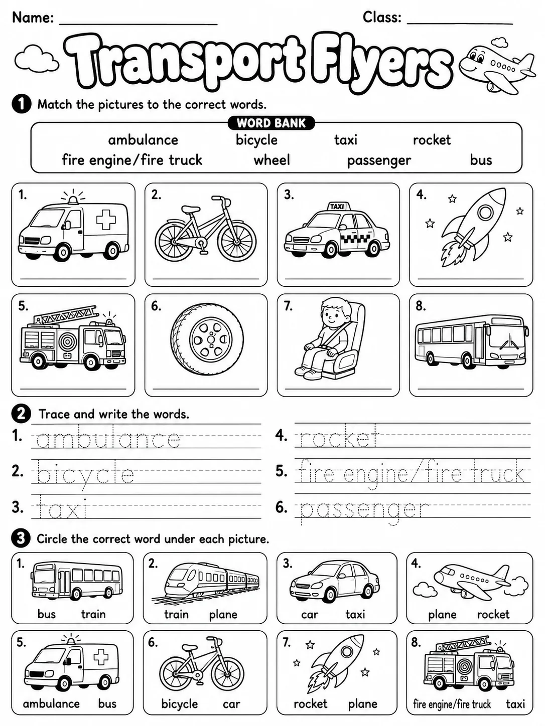 Transport Flyers Vocabulary Worksheet Pack printable Flyers English worksheet bundle preview from KiwiBee