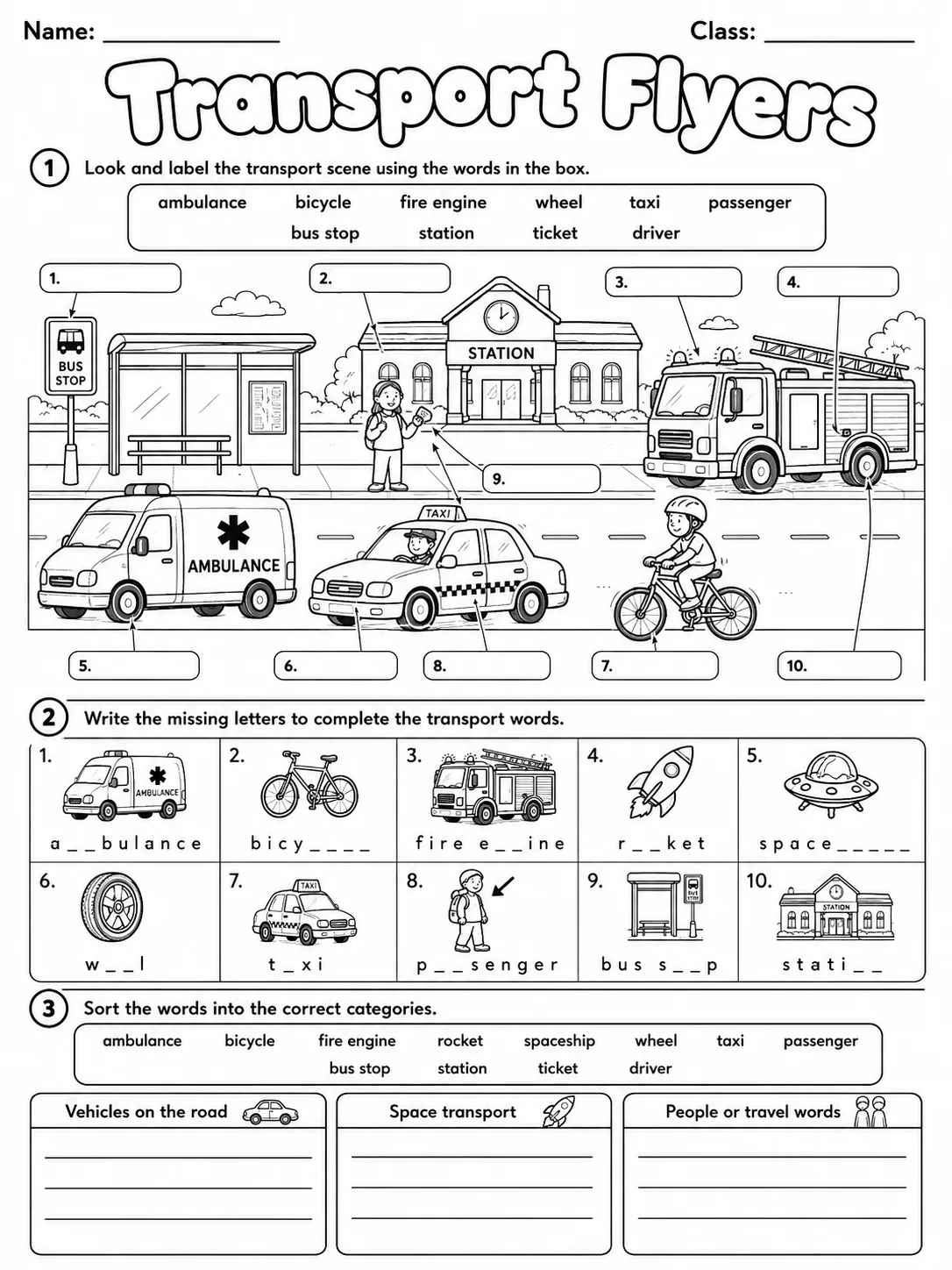 Transport Flyers Vocabulary Worksheet Pack page 2 printable worksheet preview