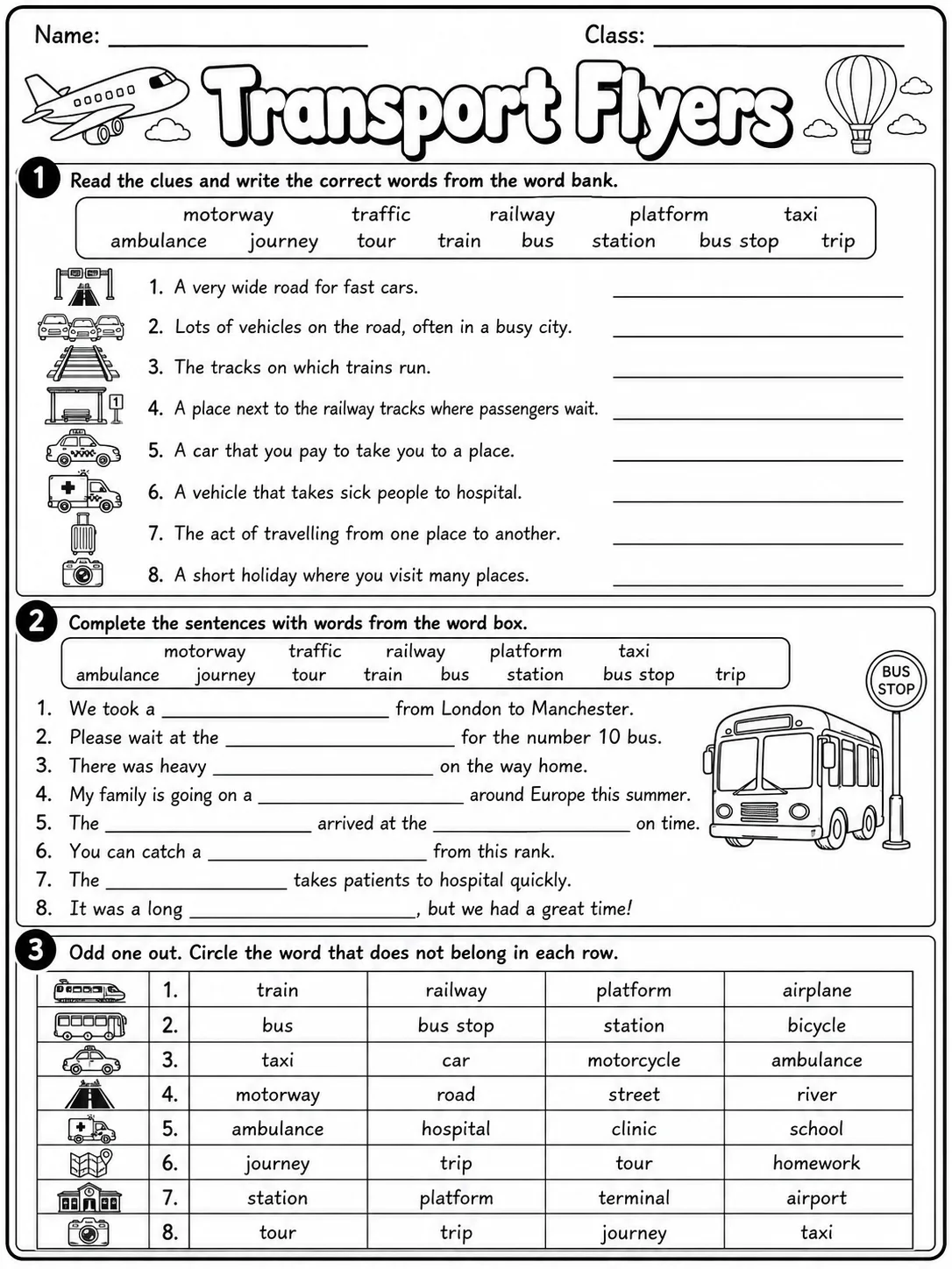 Transport Flyers Vocabulary Worksheet Pack page 3 printable worksheet preview