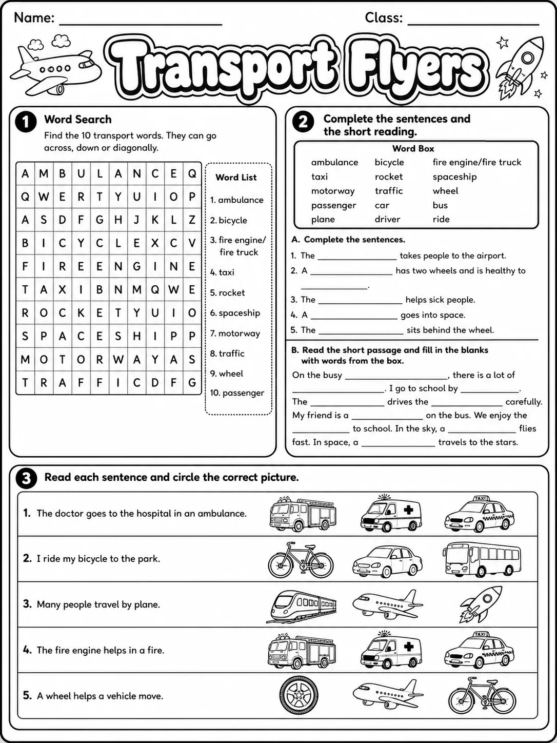 Transport Flyers Vocabulary Worksheet Pack page 4 printable worksheet preview