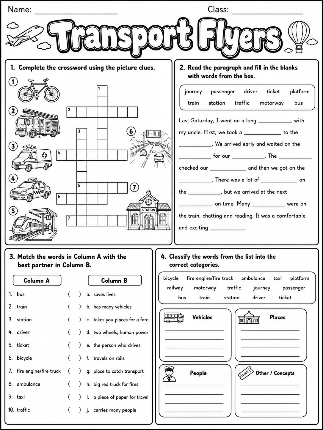 Transport Flyers Vocabulary Worksheet Pack page 6 printable worksheet preview