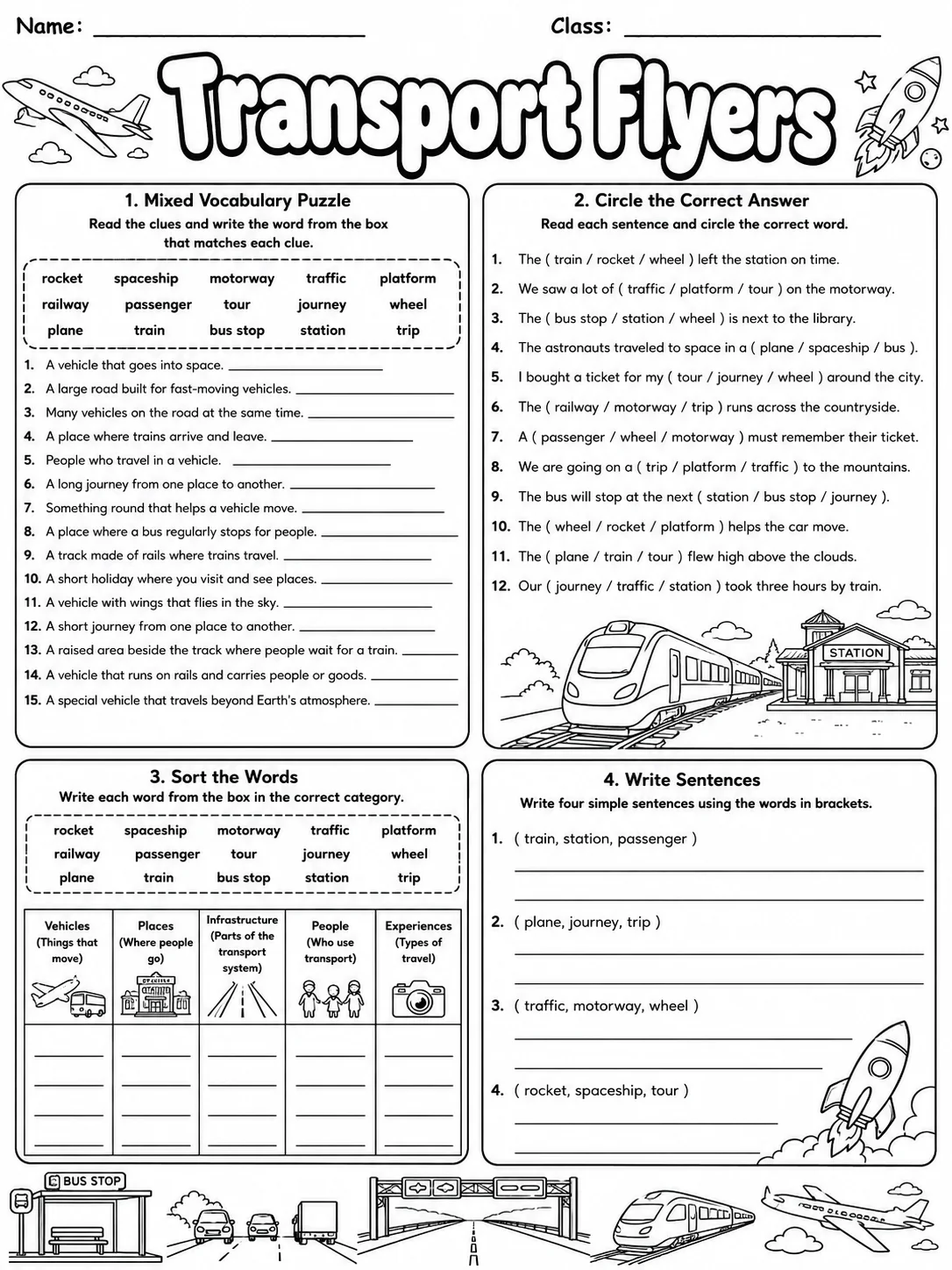 Transport Flyers Vocabulary Worksheet Pack page 7 printable worksheet preview