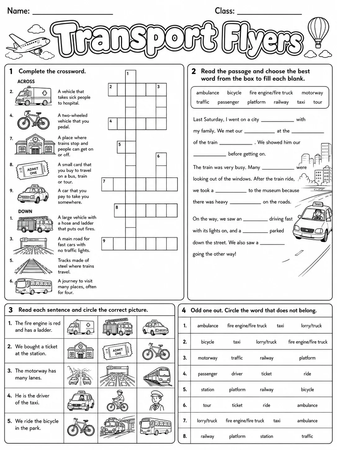 Transport Flyers Vocabulary Worksheet Pack page 8 printable worksheet preview