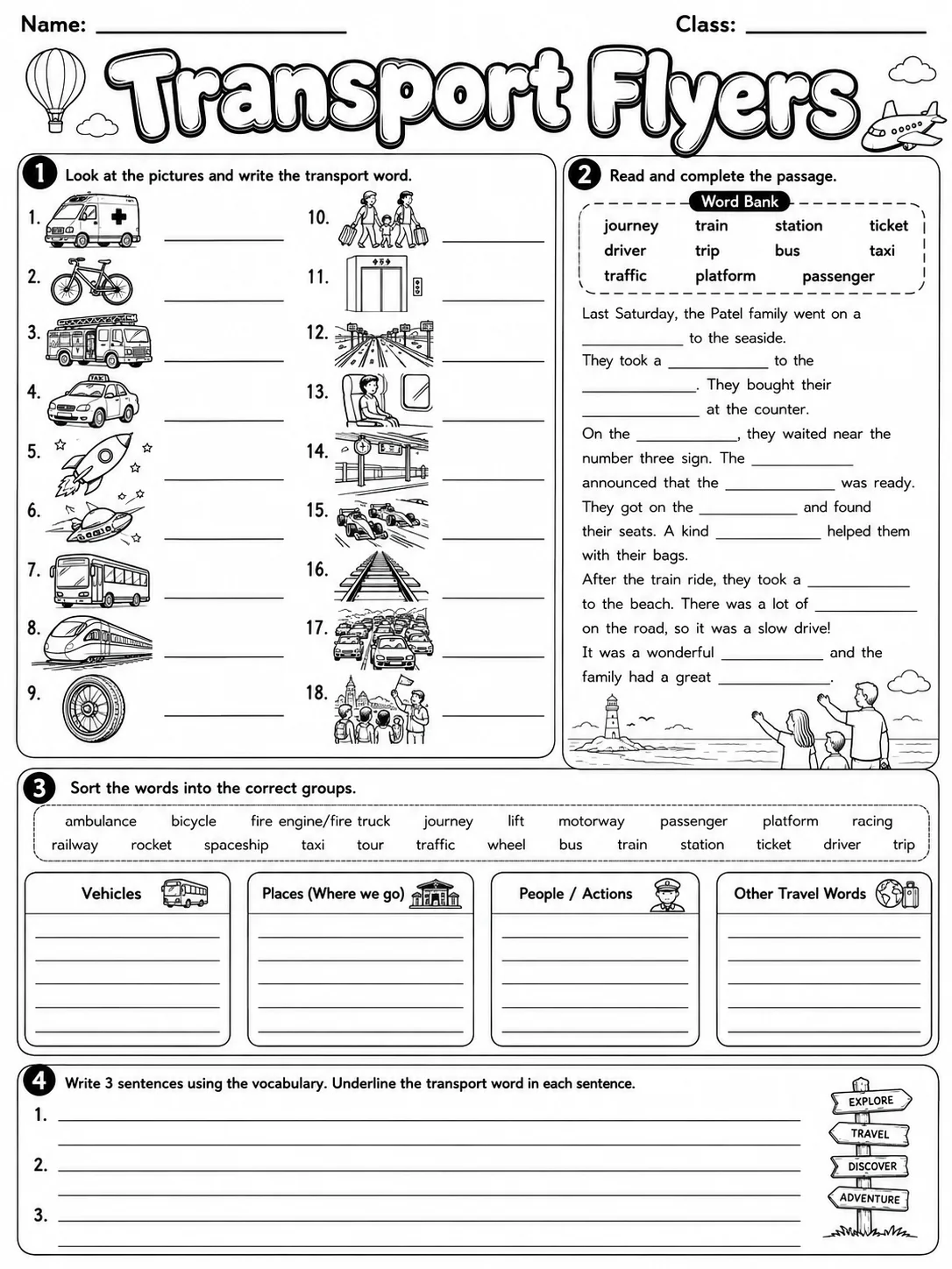 Transport Flyers Vocabulary Worksheet Pack page 9 printable worksheet preview