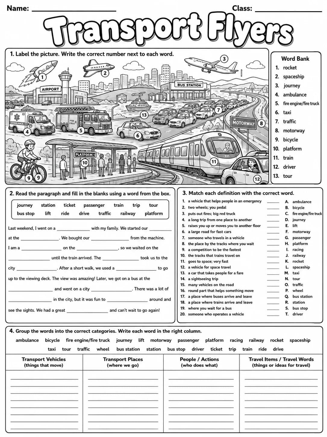 Transport Flyers Vocabulary Worksheet Pack page 10 printable worksheet preview