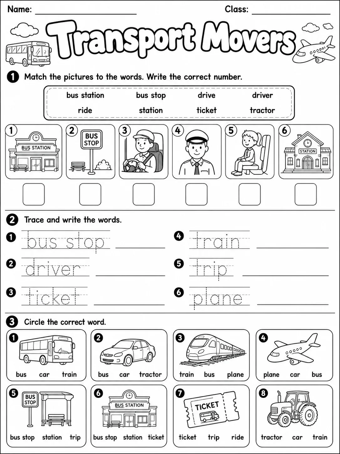 Transport Movers Vocabulary Worksheet Pack printable Movers English worksheet bundle preview from KiwiBee