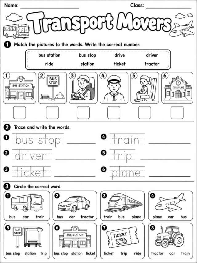 Transport Movers Vocabulary Worksheet Pack