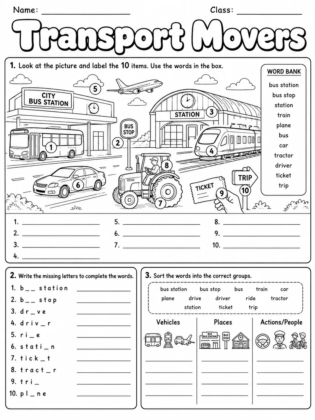 Transport Movers Vocabulary Worksheet Pack page 2 printable worksheet preview