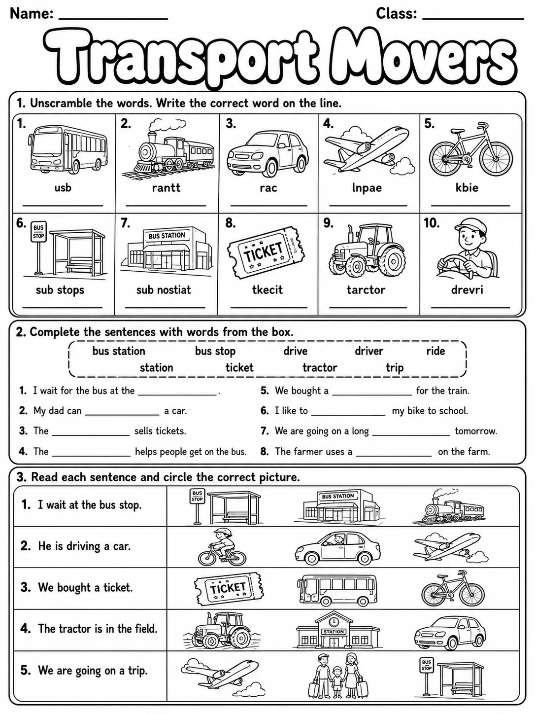 Transport Movers Vocabulary Worksheet Pack page 3 printable worksheet preview