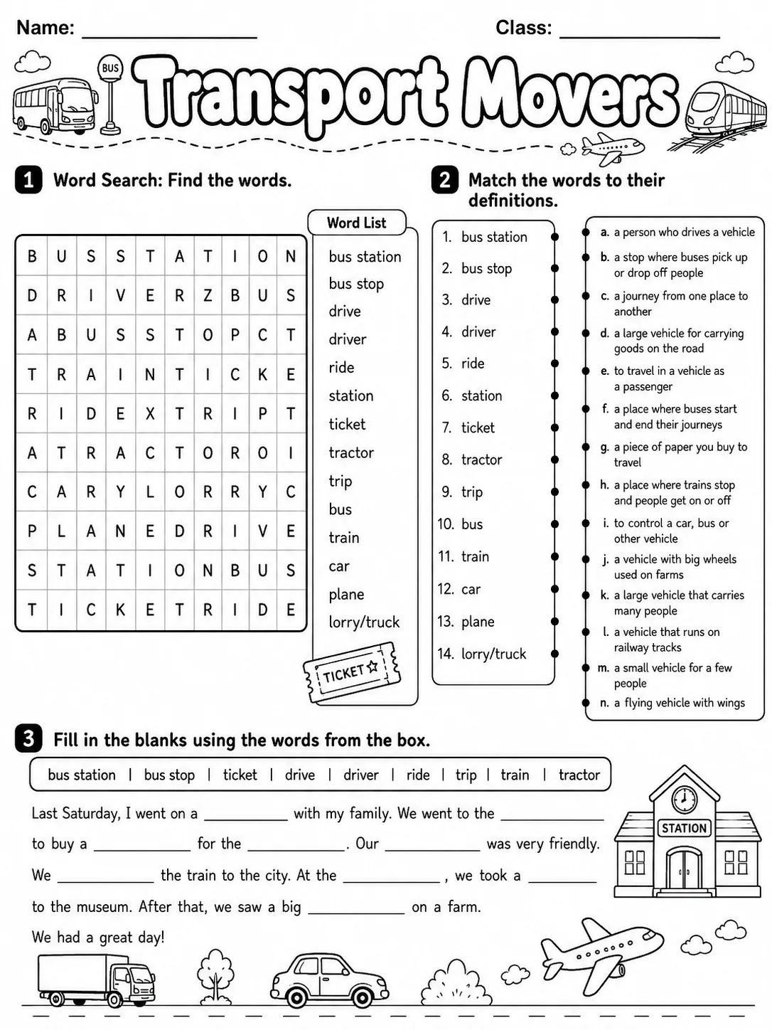 Transport Movers Vocabulary Worksheet Pack page 4 printable worksheet preview