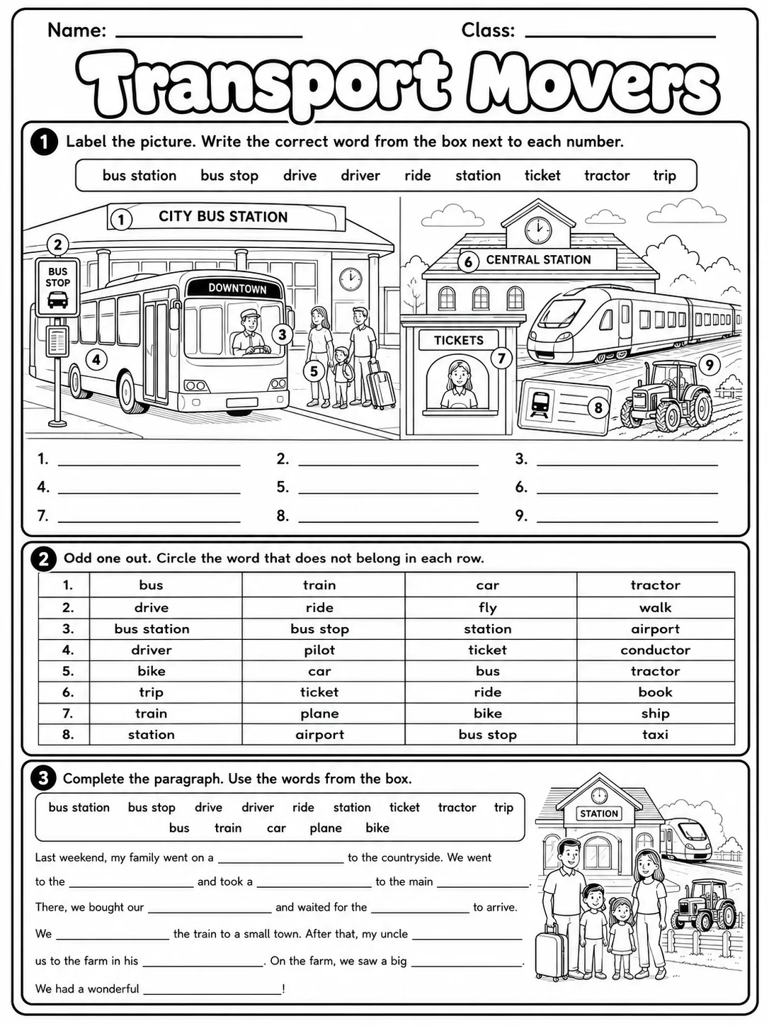 Transport Movers Vocabulary Worksheet Pack page 5 printable worksheet preview