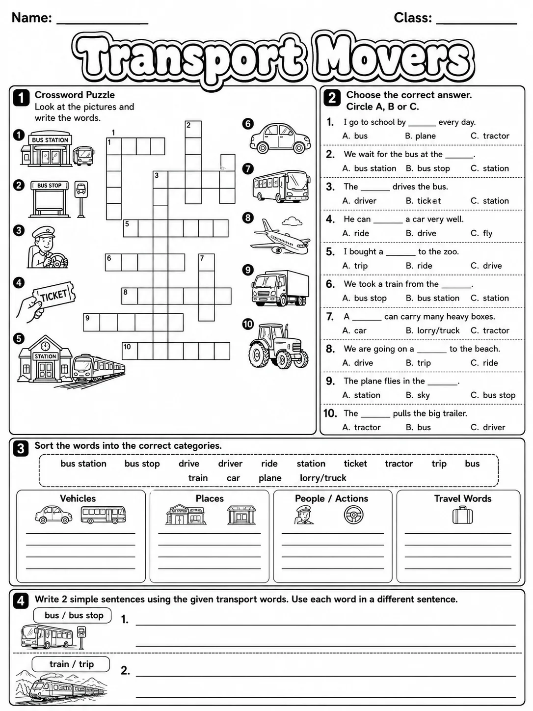 Transport Movers Vocabulary Worksheet Pack page 6 printable worksheet preview