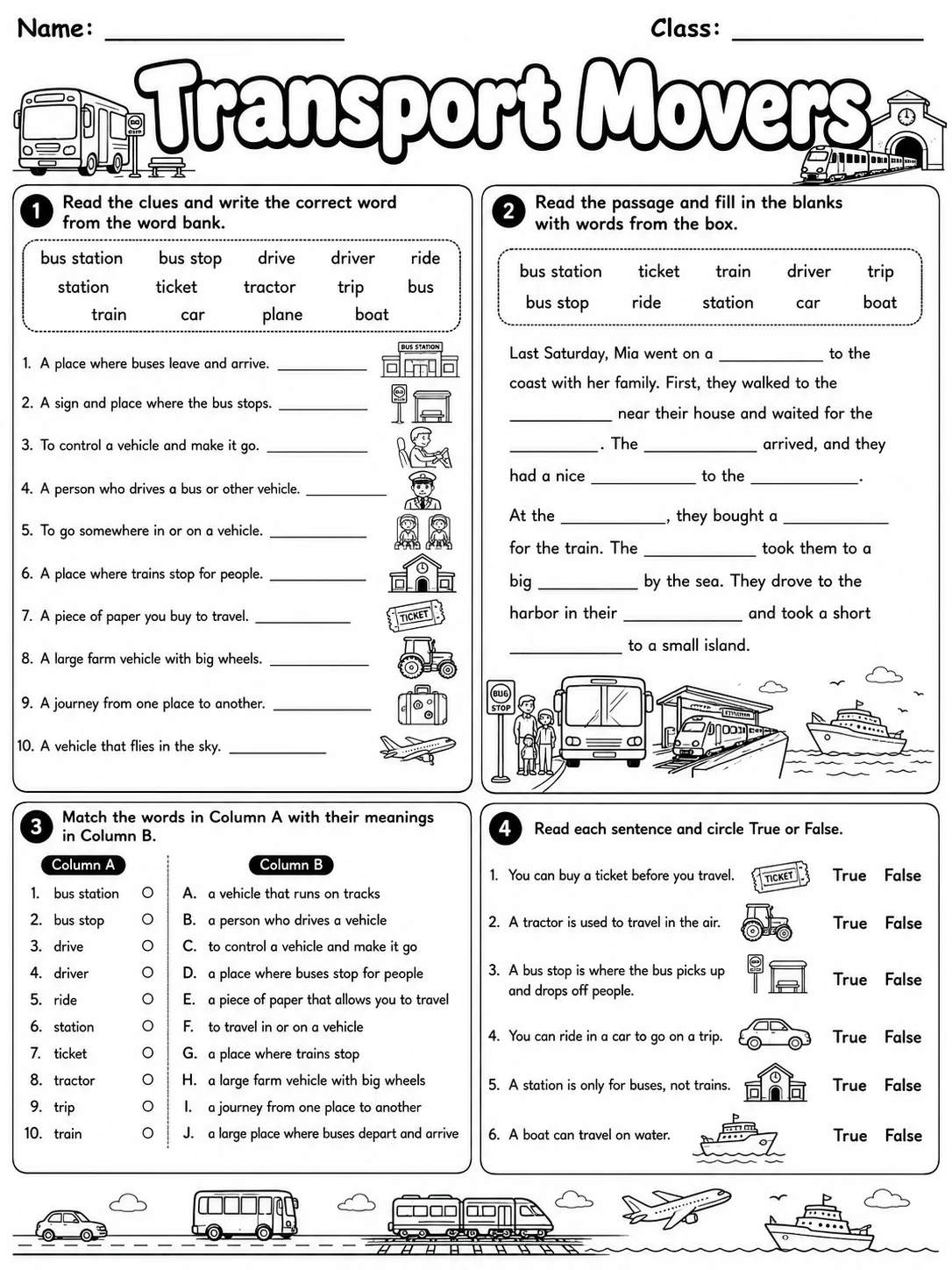 Transport Movers Vocabulary Worksheet Pack page 7 printable worksheet preview