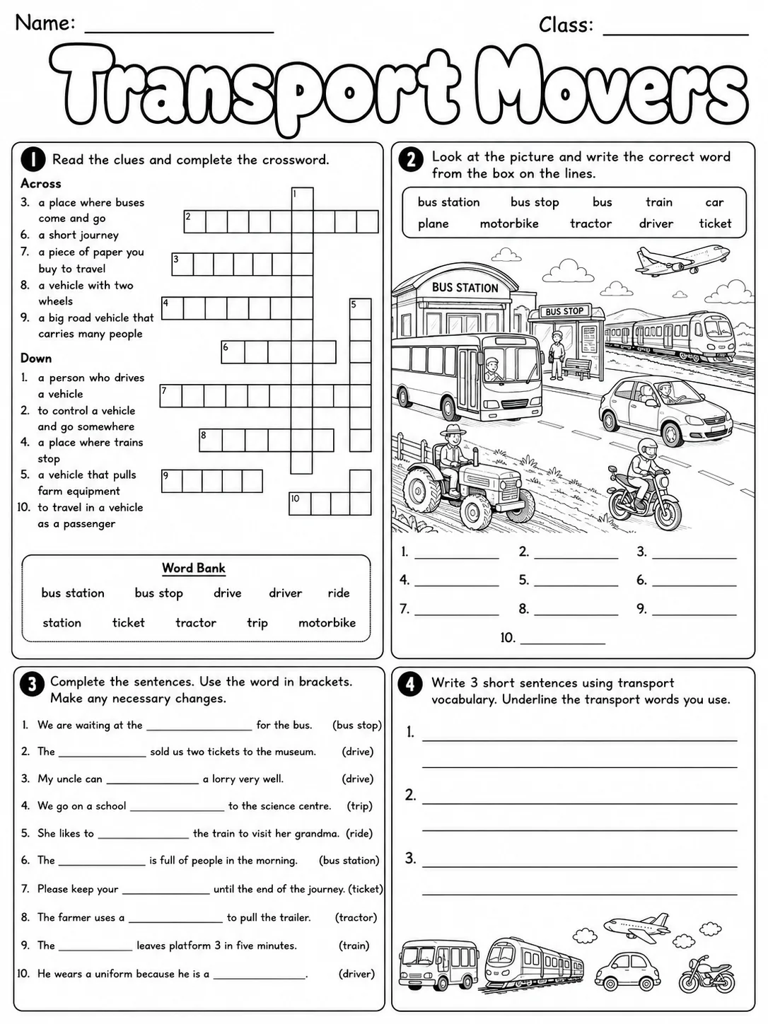 Transport Movers Vocabulary Worksheet Pack page 8 printable worksheet preview