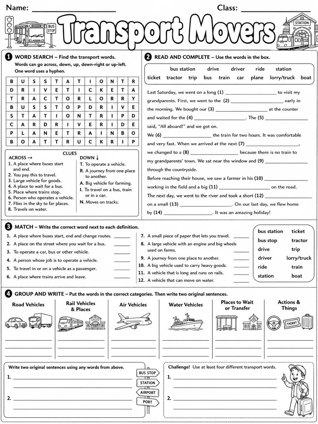 Transport Movers Vocabulary Worksheet Pack page 9 printable worksheet preview