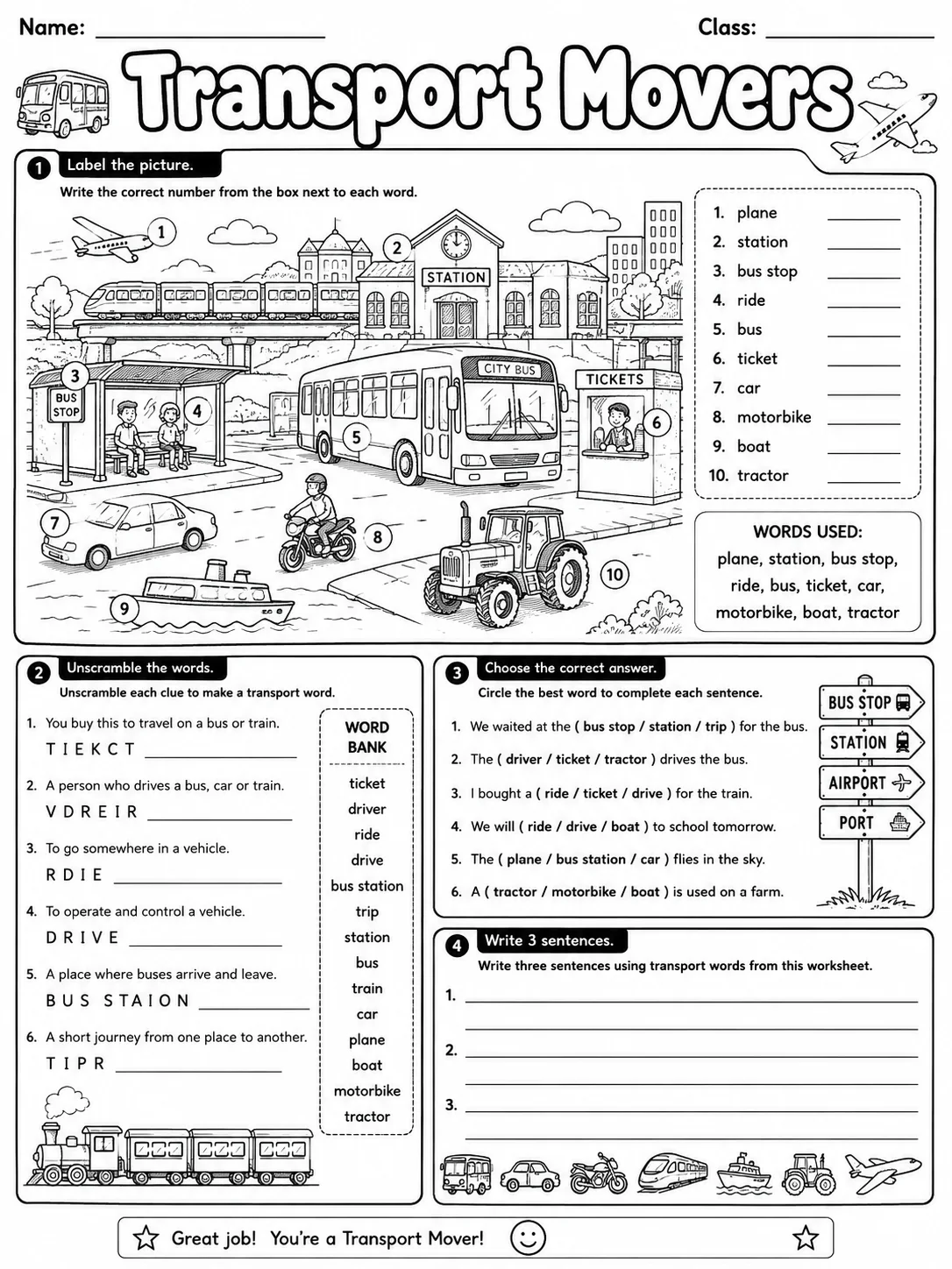 Transport Movers Vocabulary Worksheet Pack page 10 printable worksheet preview