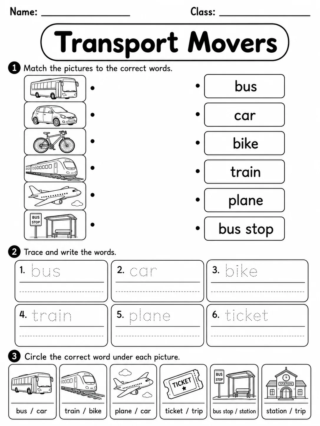 Transport Movers Vocabulary Worksheet Pack - Set 2 printable Movers English worksheet bundle preview from KiwiBee