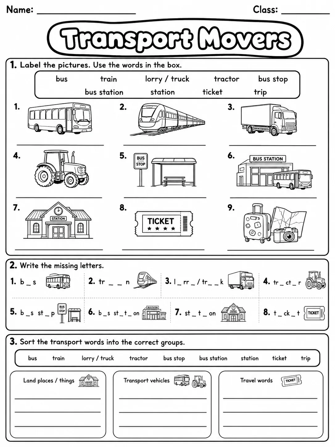 Transport Movers Vocabulary Worksheet Pack - Set 2 page 2 printable worksheet preview