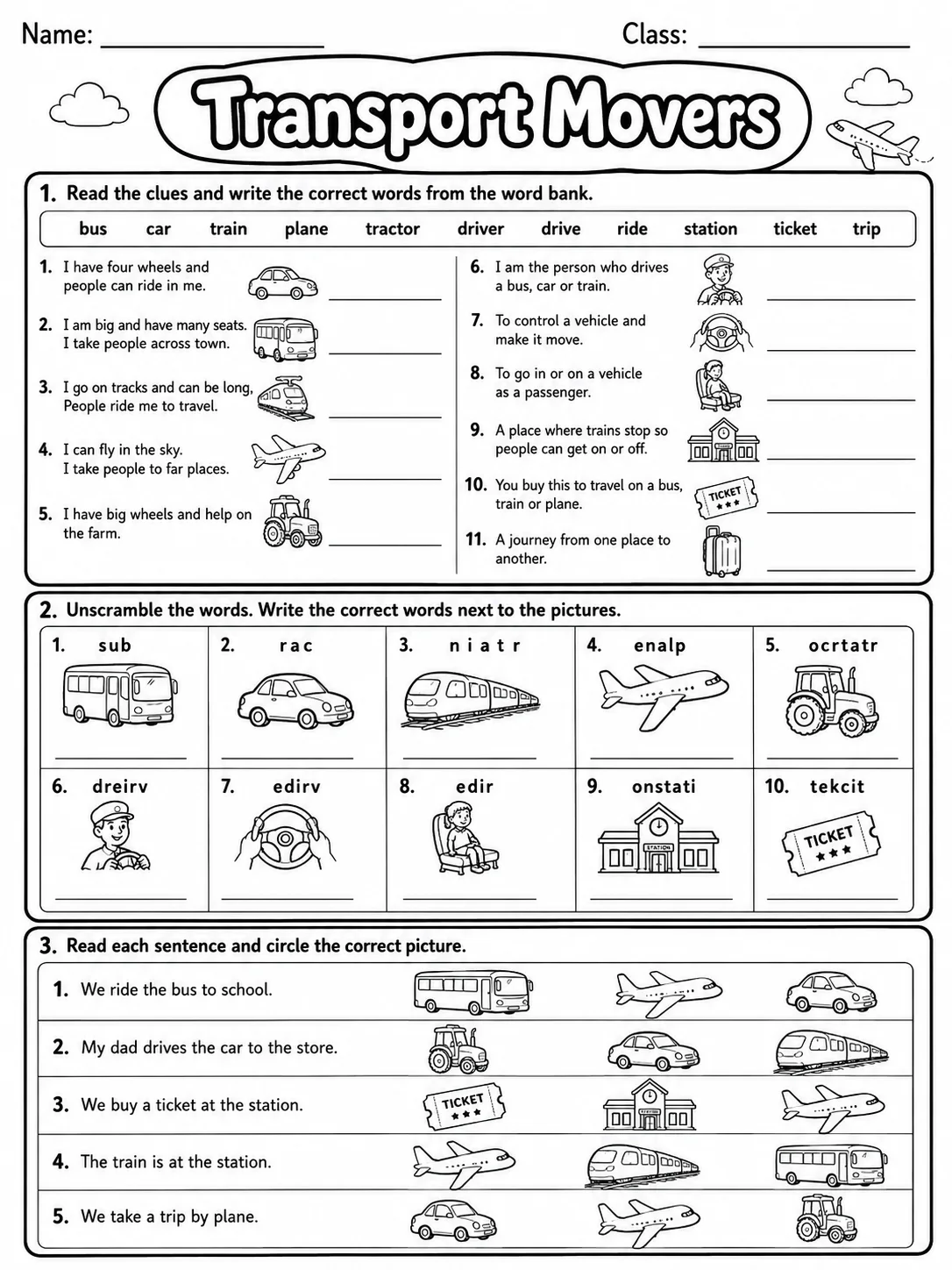 Transport Movers Vocabulary Worksheet Pack - Set 2 page 4 printable worksheet preview