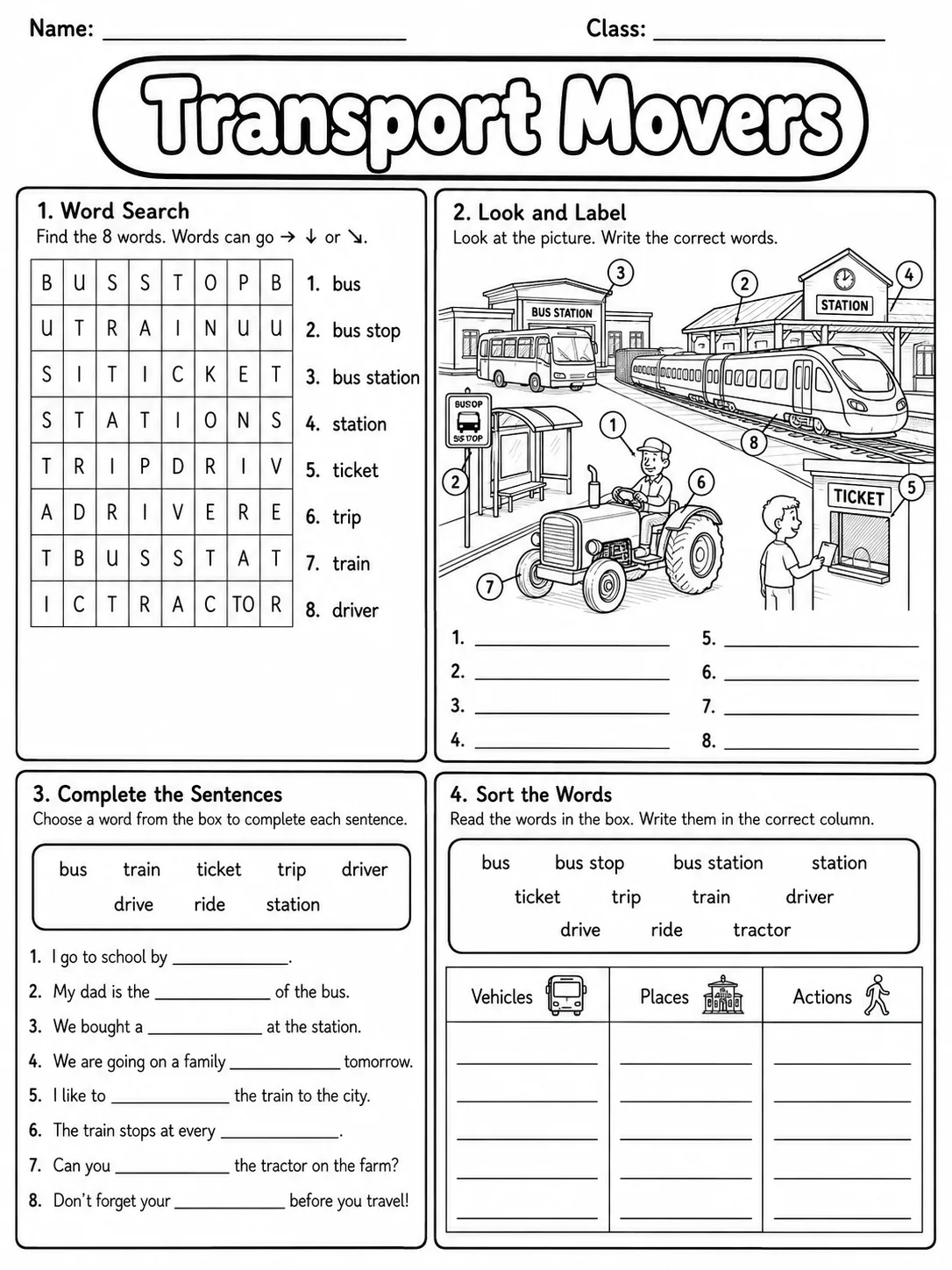 Transport Movers Vocabulary Worksheet Pack - Set 2 page 5 printable worksheet preview