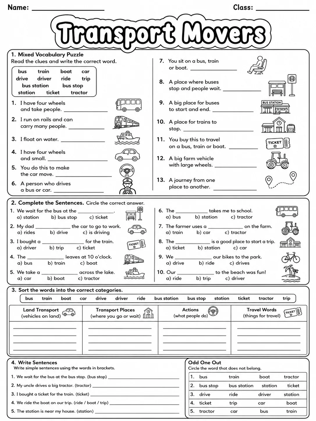 Transport Movers Vocabulary Worksheet Pack - Set 2 page 9 printable worksheet preview
