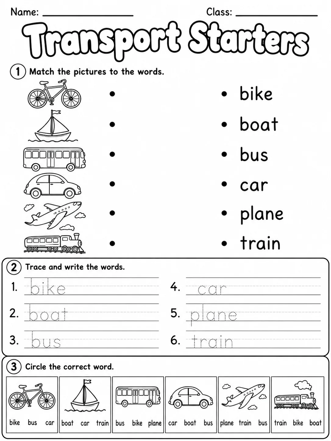 Transport Starters Vocabulary Worksheet Pack printable Starters English worksheet bundle preview from KiwiBee