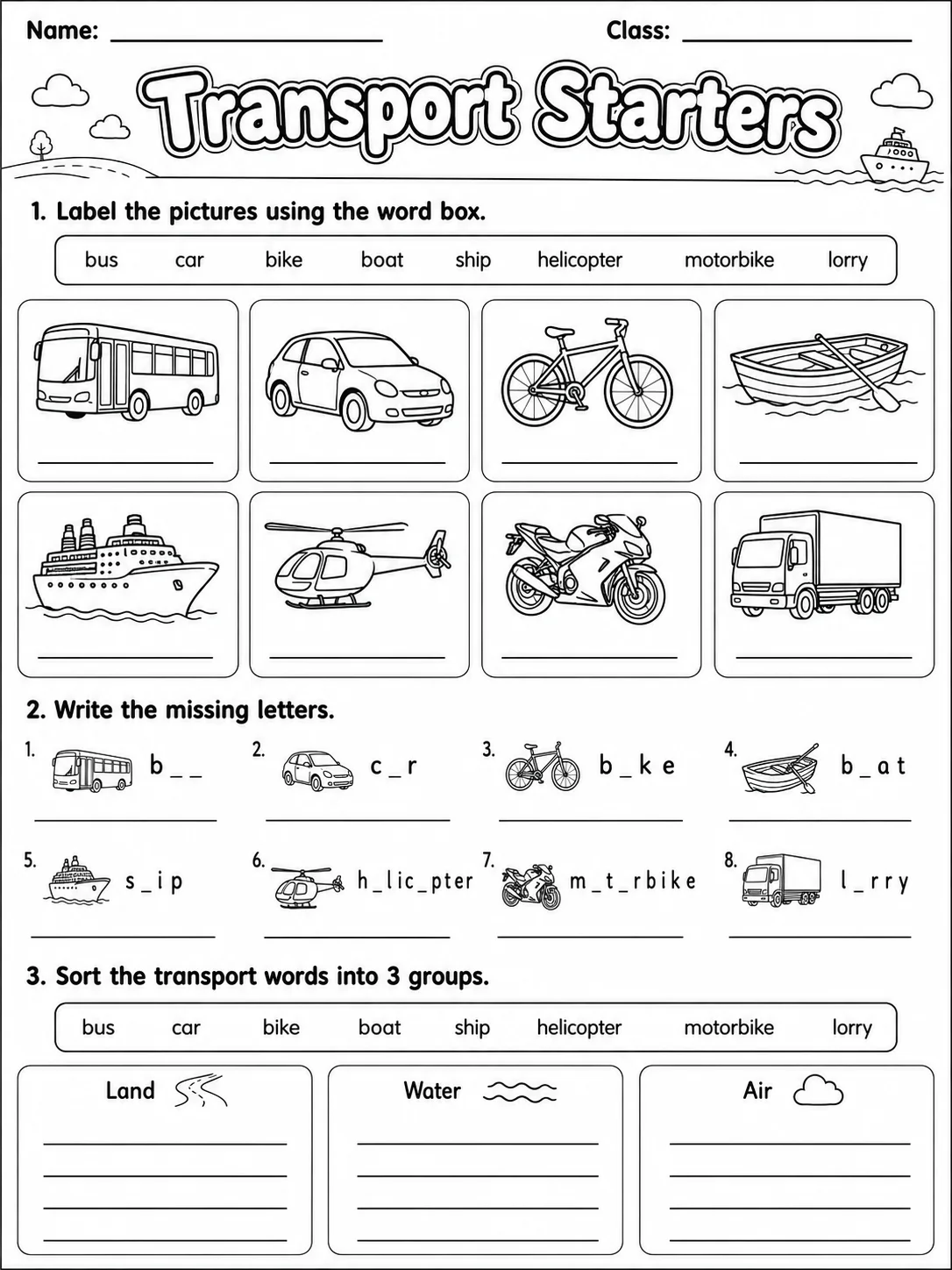 Transport Starters Vocabulary Worksheet Pack page 2 printable worksheet preview