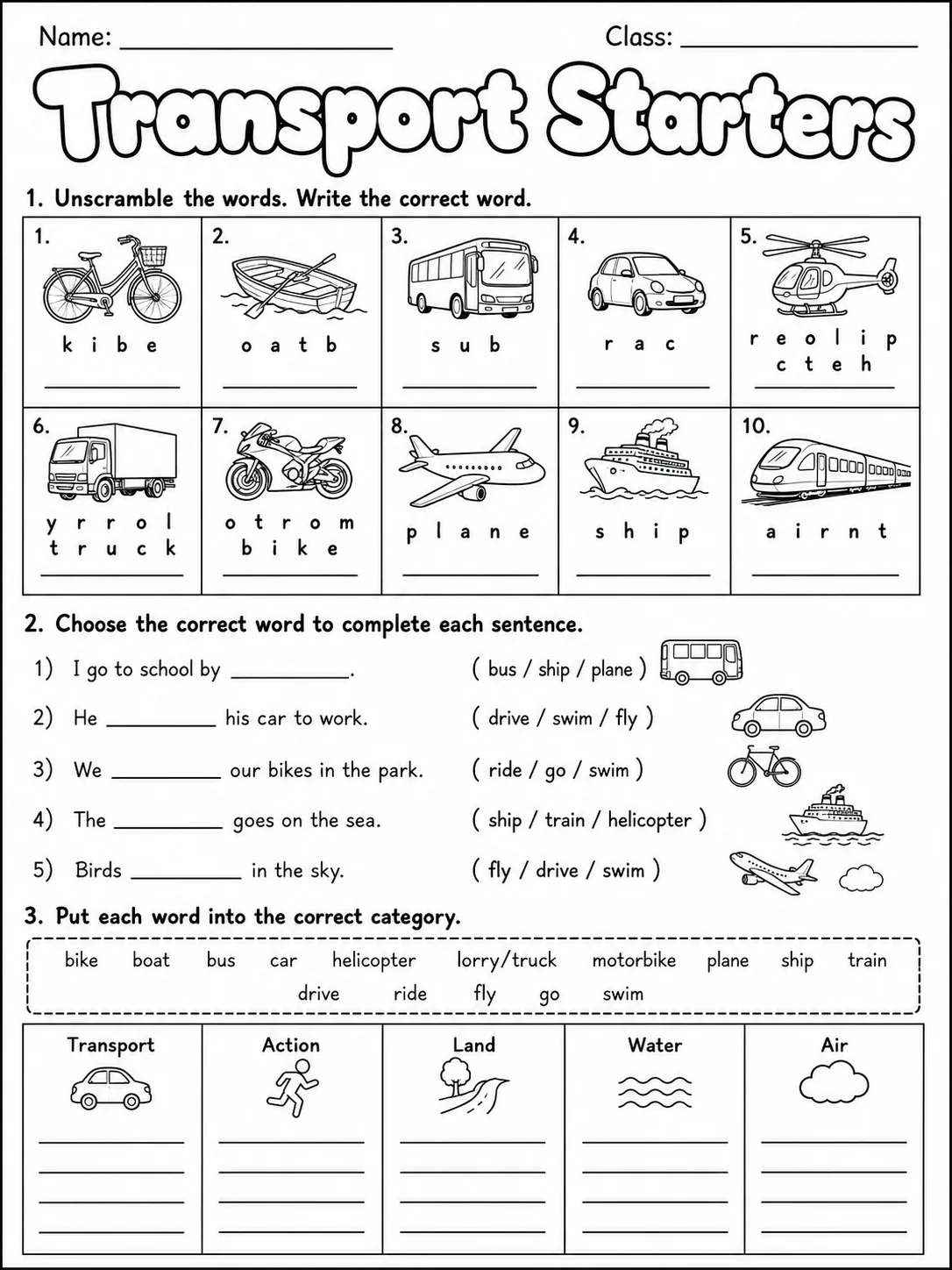 Transport Starters Vocabulary Worksheet Pack page 4 printable worksheet preview