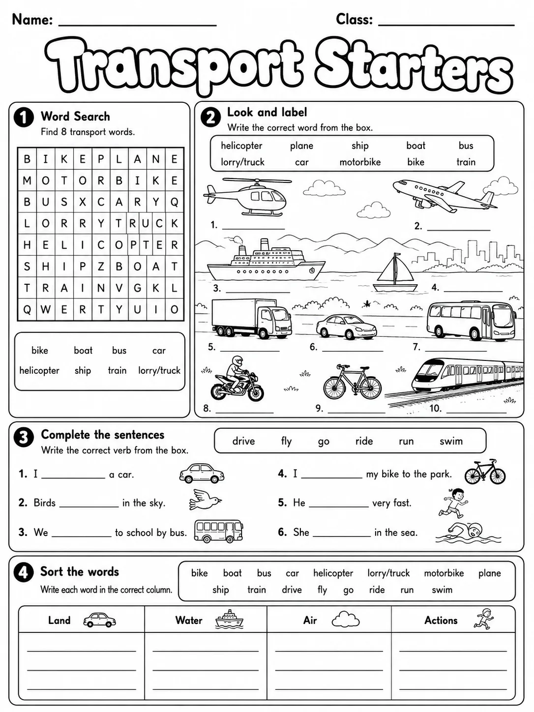Transport Starters Vocabulary Worksheet Pack page 5 printable worksheet preview