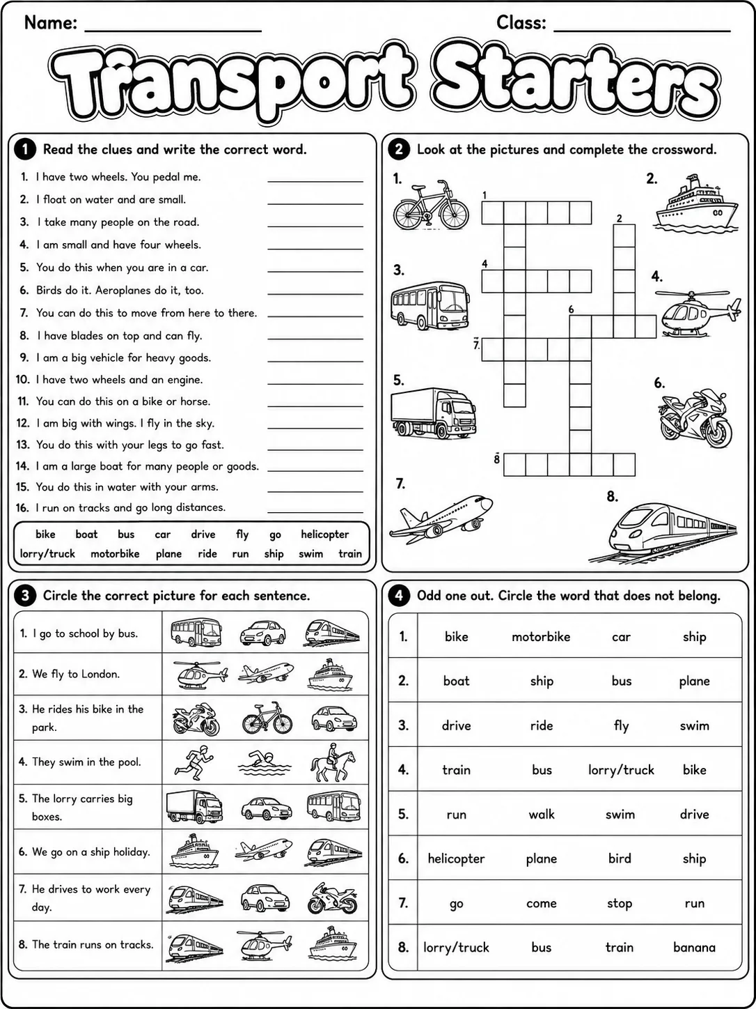 Transport Starters Vocabulary Worksheet Pack page 6 printable worksheet preview