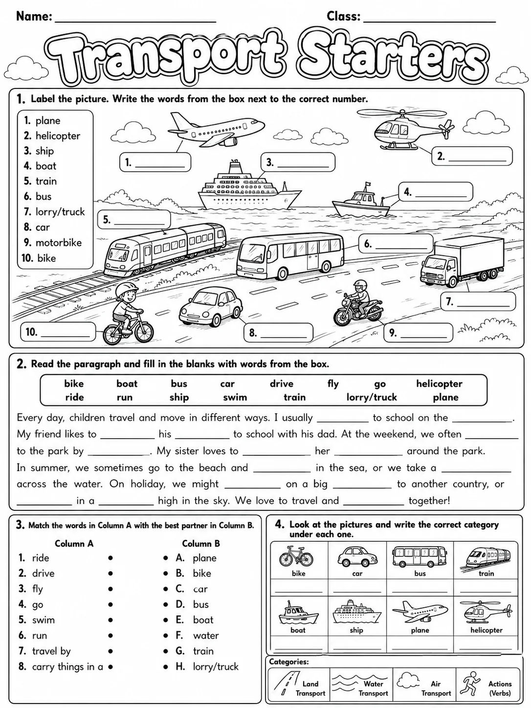 Transport Starters Vocabulary Worksheet Pack page 7 printable worksheet preview