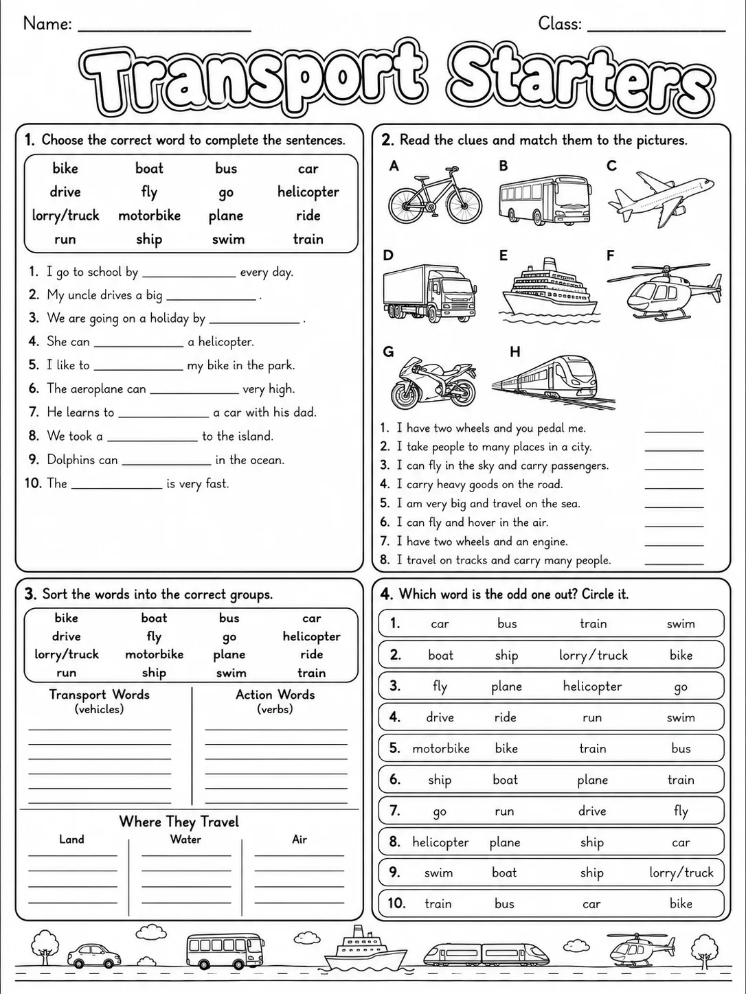 Transport Starters Vocabulary Worksheet Pack page 8 printable worksheet preview