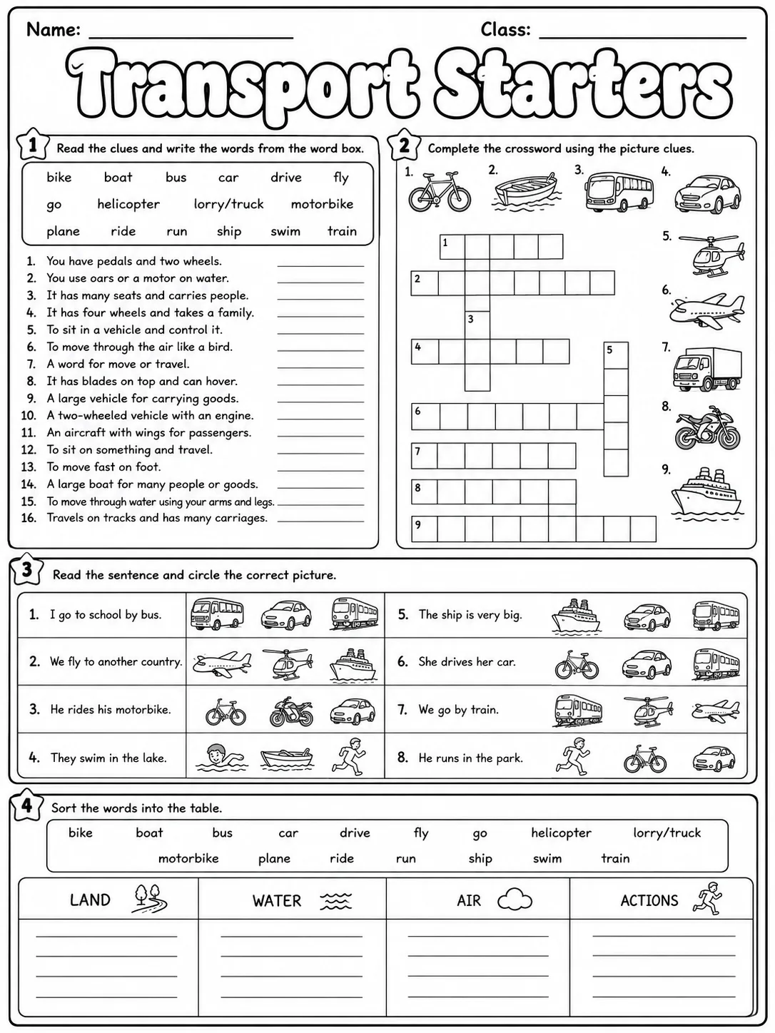 Transport Starters Vocabulary Worksheet Pack page 9 printable worksheet preview