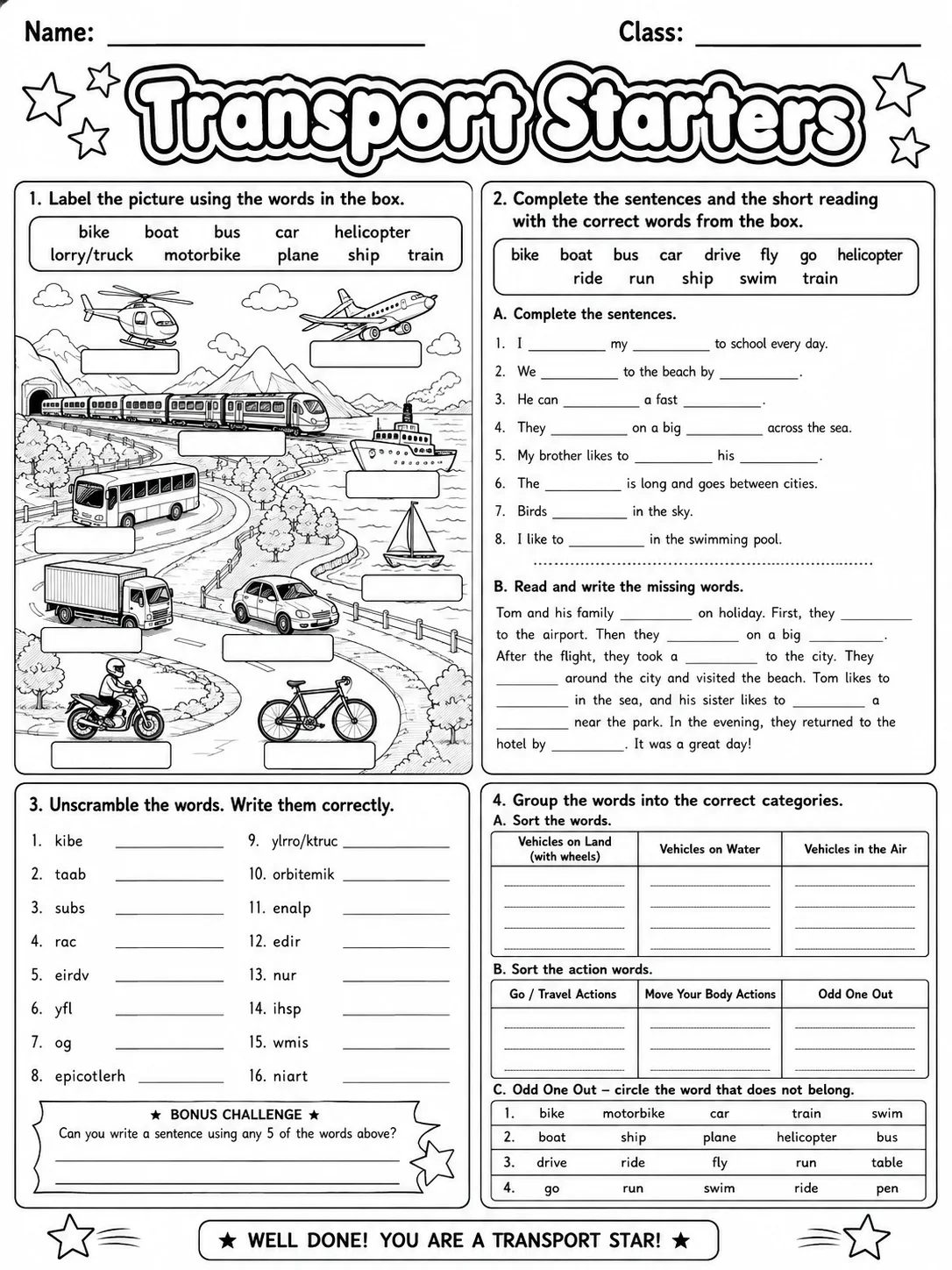 Transport Starters Vocabulary Worksheet Pack page 10 printable worksheet preview