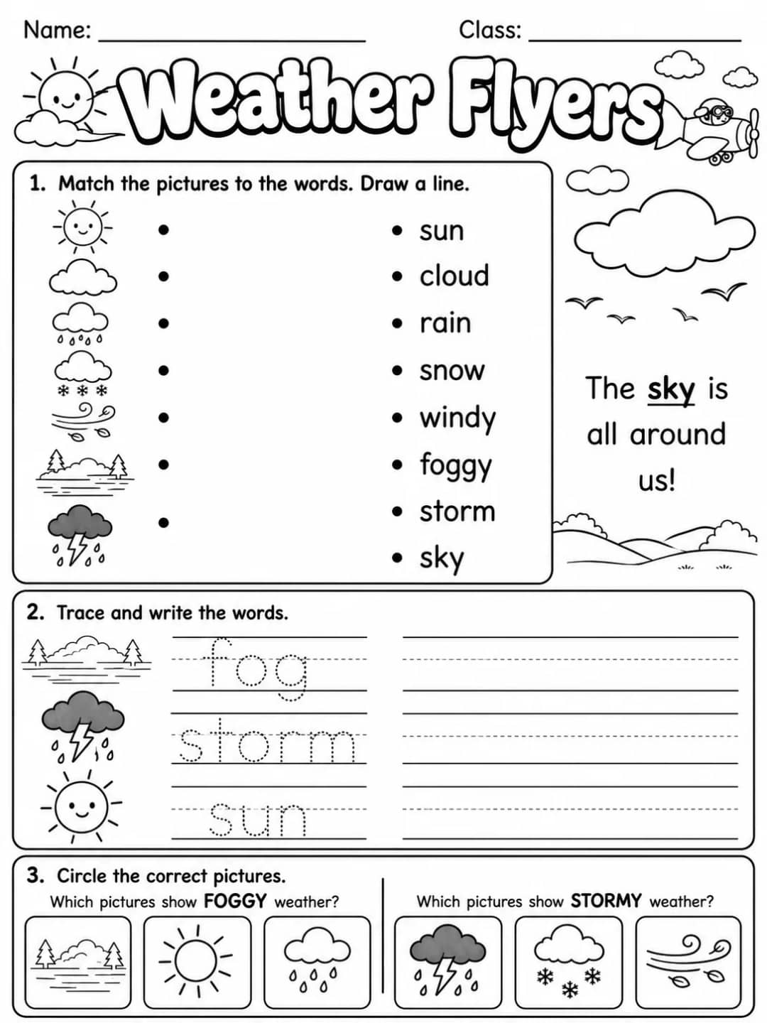 Weather Flyers Vocabulary Worksheet Pack printable Flyers English worksheet pack preview from KiwiBee