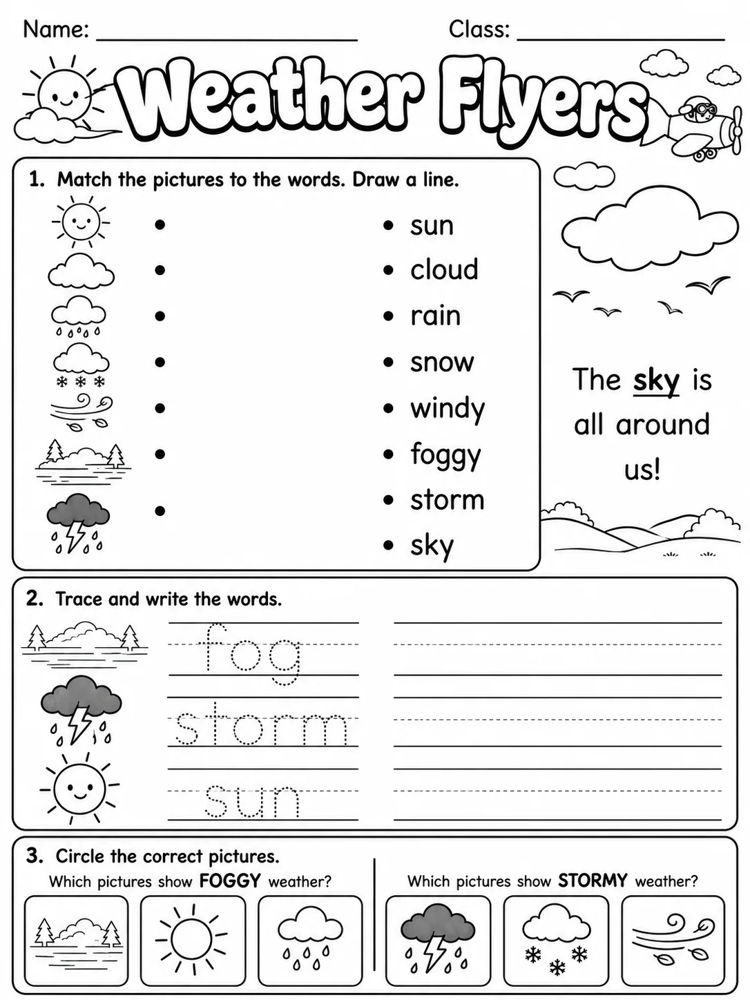 Weather Flyers Vocabulary Worksheet Pack printable Flyers English worksheet bundle preview from KiwiBee