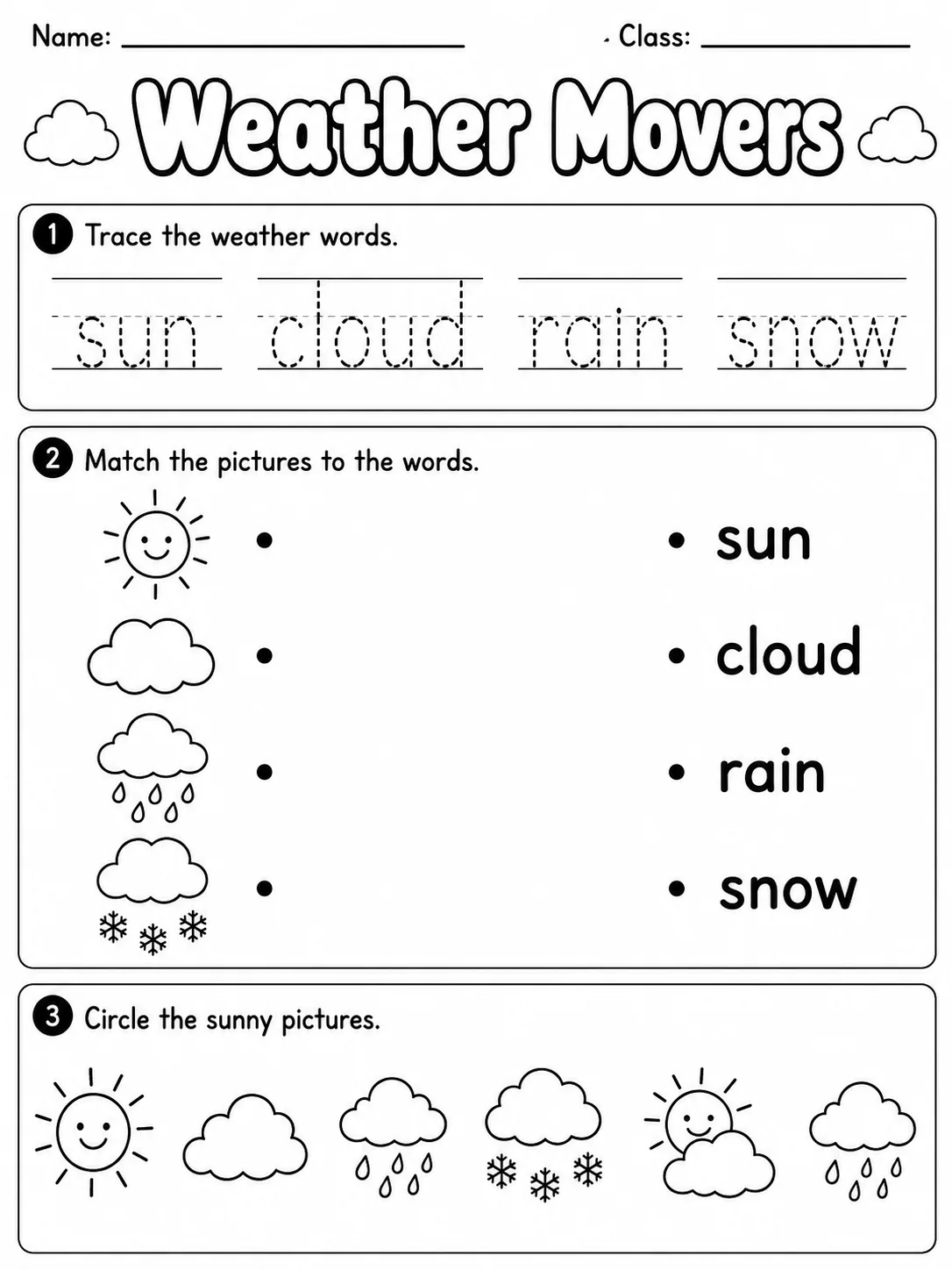 Weather Movers Vocabulary Worksheet Pack printable Movers English worksheet bundle preview from KiwiBee