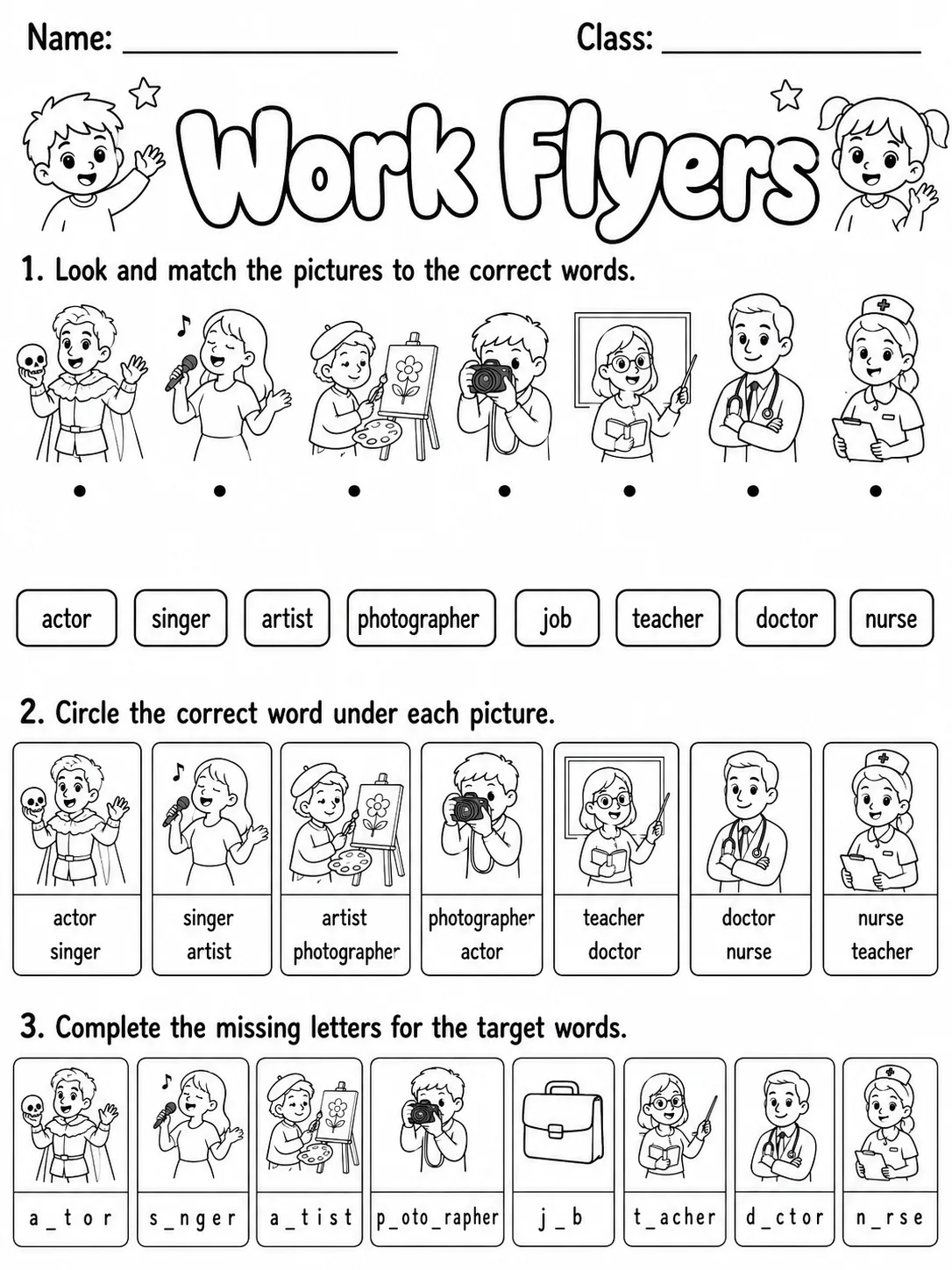Work Flyers Vocabulary Worksheet Pack printable Flyers English worksheet bundle preview from KiwiBee