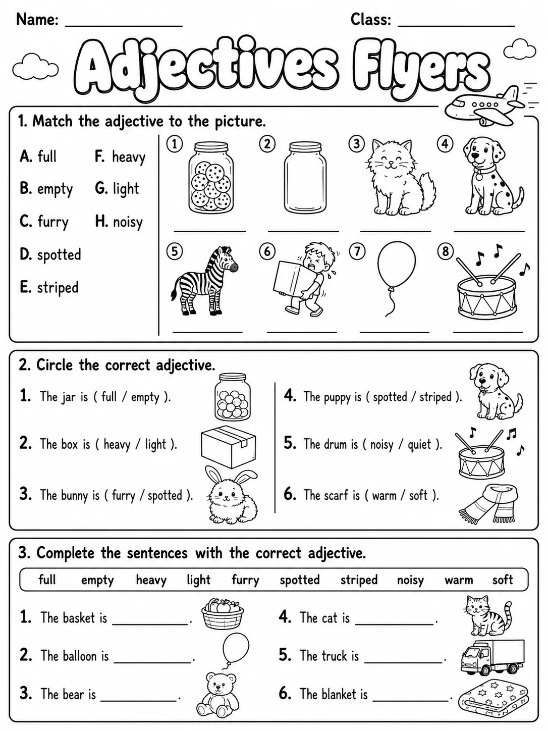 Adjectives Flyers Vocabulary Worksheet Pack printable Flyers English worksheet bundle preview from KiwiBee