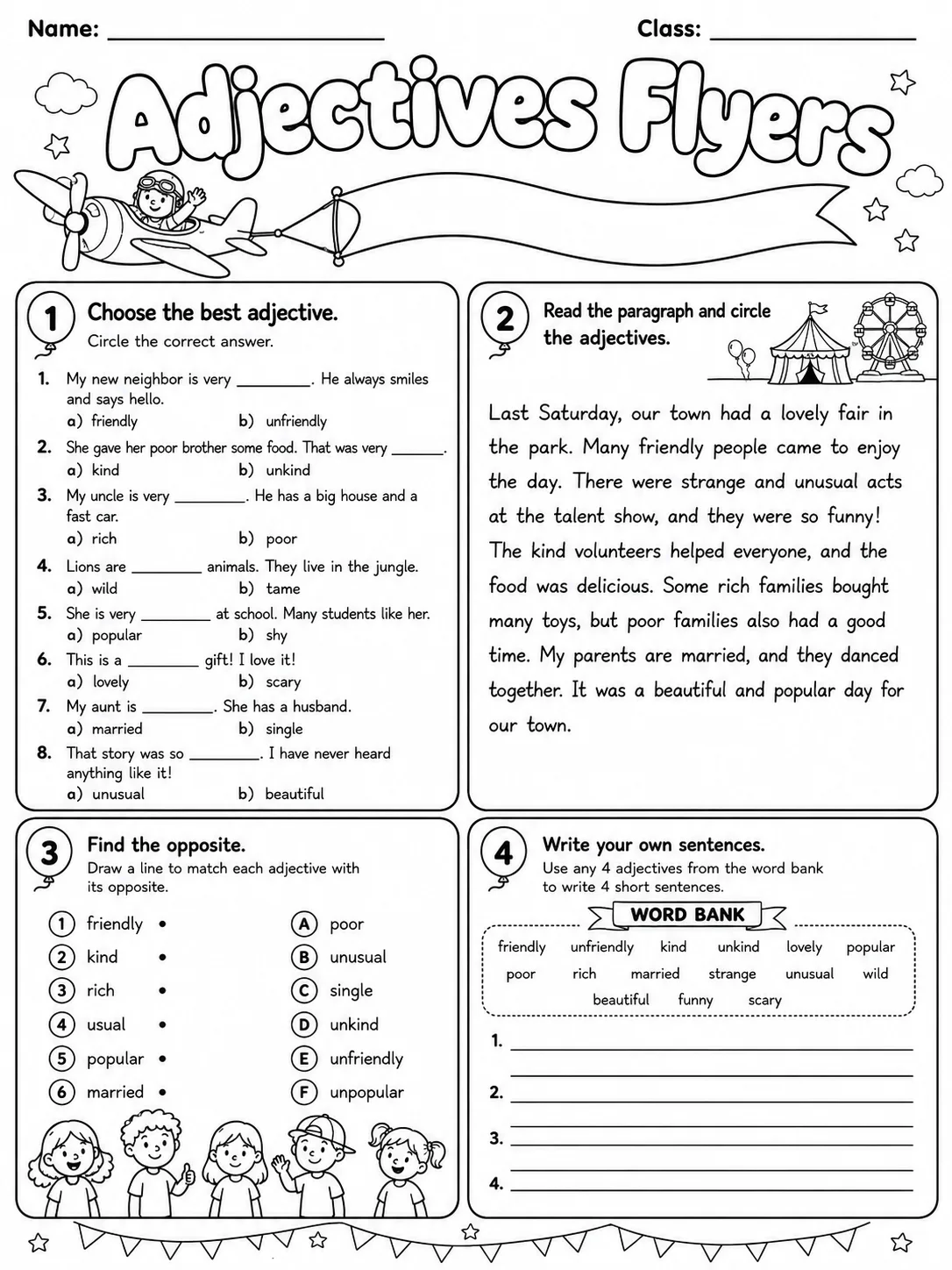 Adjectives Flyers Vocabulary Worksheet Pack page 5 printable worksheet preview