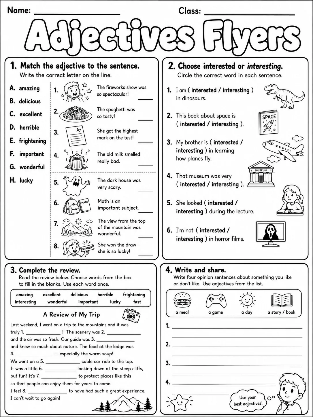 Adjectives Flyers Vocabulary Worksheet Pack page 6 printable worksheet preview
