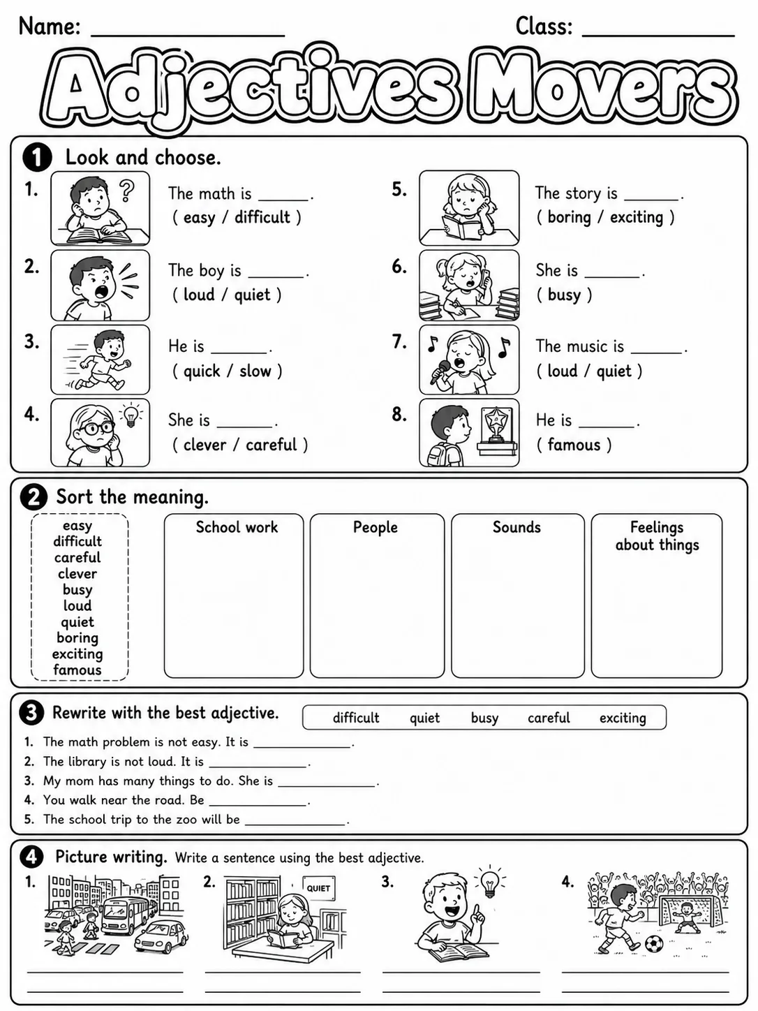 Adjectives Movers Vocabulary Worksheet Pack page 6 printable worksheet preview